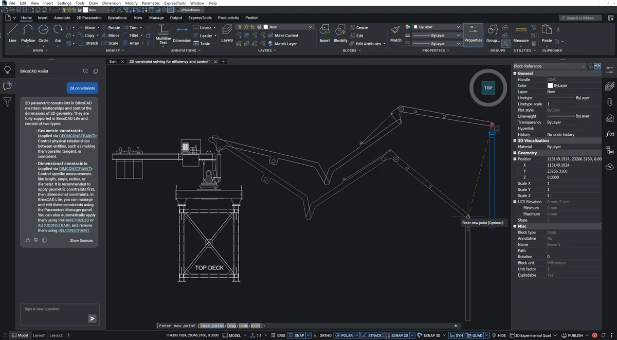 BricsCAD V27 con il pannello BricsCAD Assist aperto, che spiega i vincoli 2D accanto a un disegno meccanico