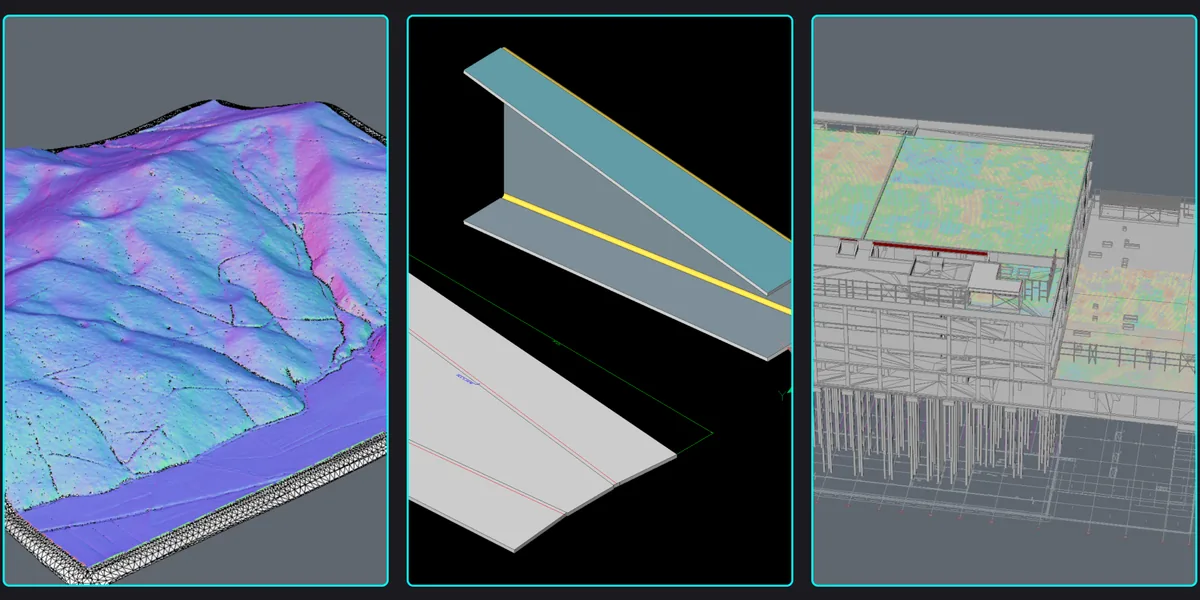 BricsCAD V27: modello di terreno da rilievo, profilo in lamiera e modello BIM di un edificio affiancati