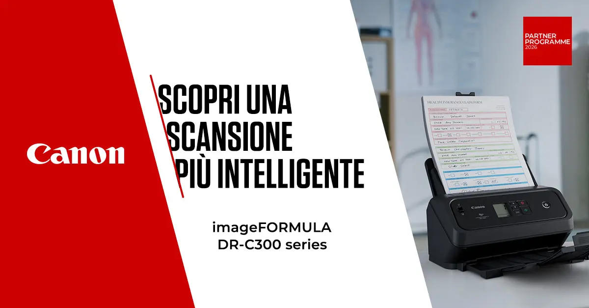 Banner Canon imageFORMULA serie DR-C300: lo scanner su una scrivania, con un modulo cartaceo caricato nell'alimentatore