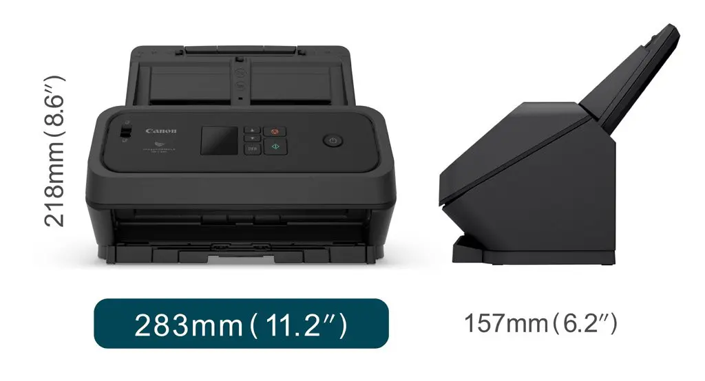 Ingombro del Canon DR-C360: 283 mm di larghezza, 157 mm di profondità, 218 mm di altezza