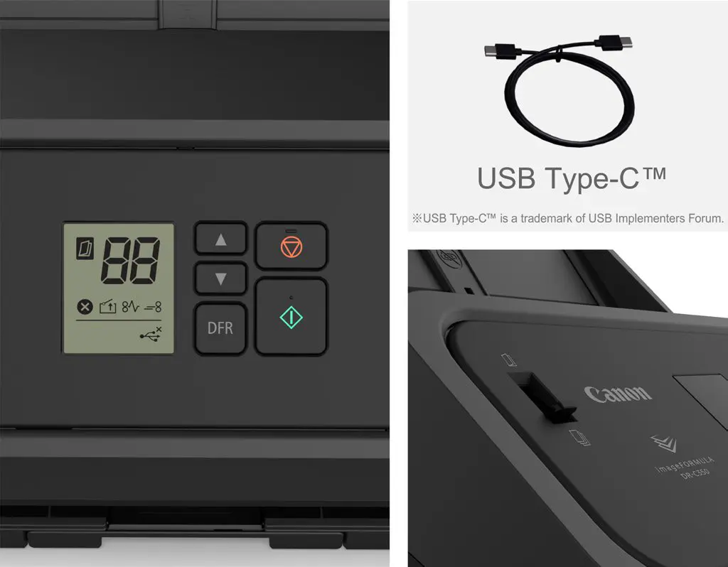 Pannello di controllo del DR-C360 con display LCD e connessione USB Type-C