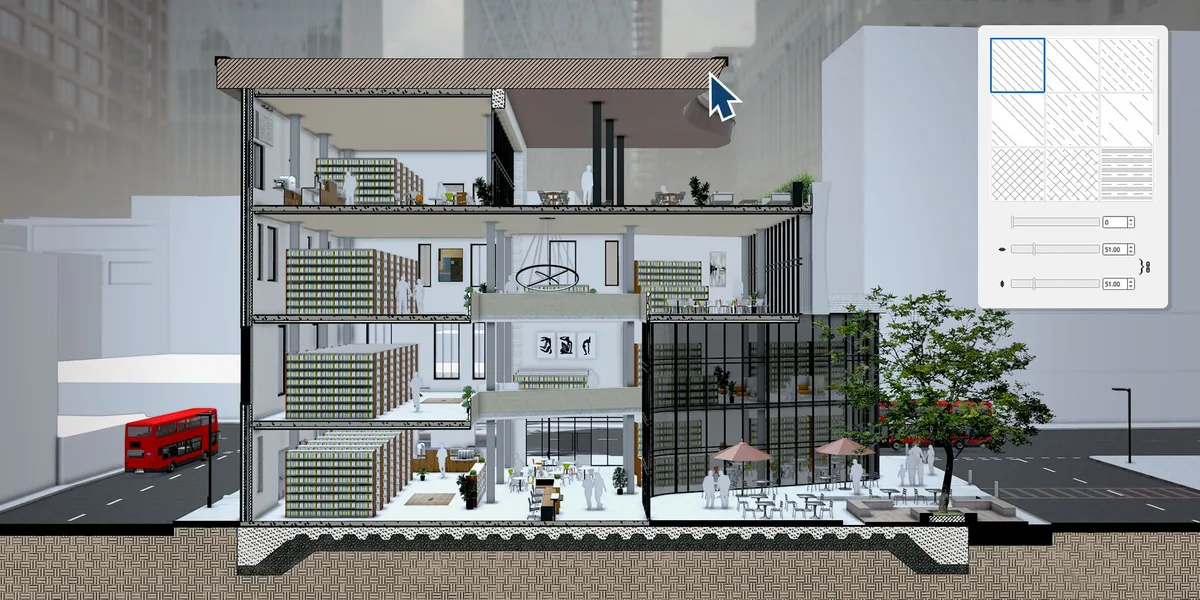 Spaccato di un edificio in SketchUp 2027 con i retini di sezione applicati a solai, murature e terreno
