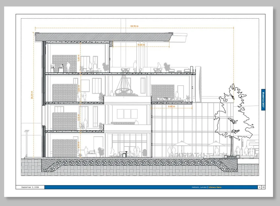 Tavola LayOut con la sezione di un edificio a più piani, quotata e con retini vettoriali